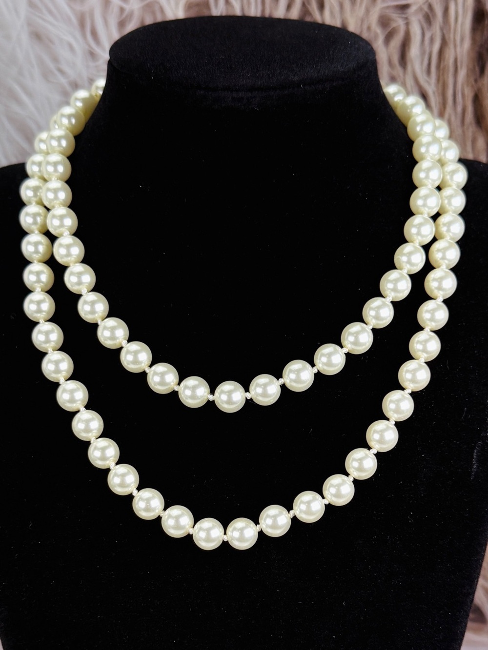 Vintage Faux Pearl Long Strand Necklace Gold Tone Clasp